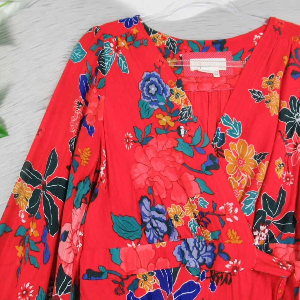 ANTHROPOLOGIE Boswell Red Floral Textured Wrap Tunic Dress Women's Size 12